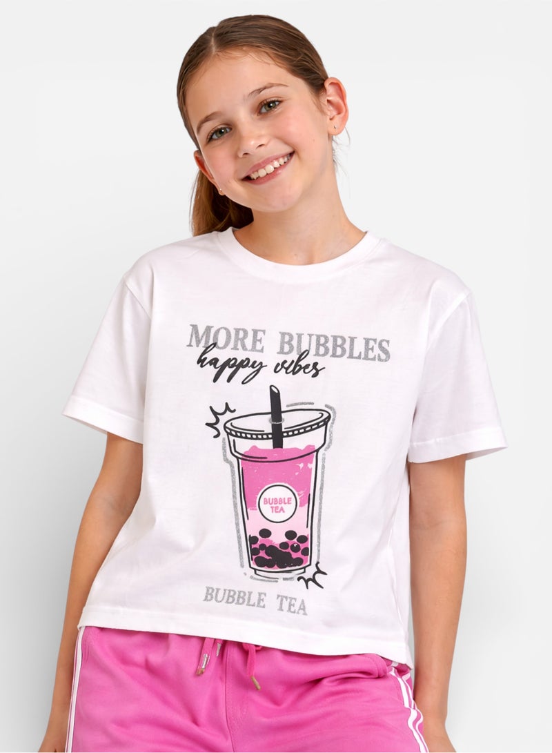 victor and jane Girls 2 Pc Set Bubble Tea Print T-Shirt & Pants Set – White & Pink - Image 3